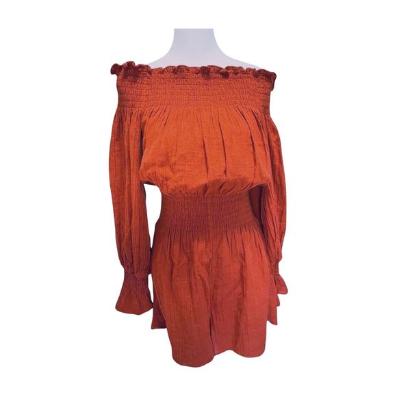 Trina Turk Off Shoulder Romper M Rust Bell Sleeve Boho Resortwear Beachy swim - Picture 9 of 9